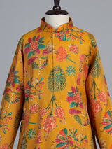 Yellow folk floral print boys kurta suit