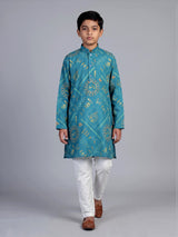 Blue warli print boys kurta suit