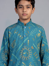 Blue warli print boys kurta suit