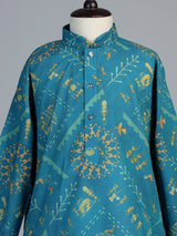 Blue warli print boys kurta suit