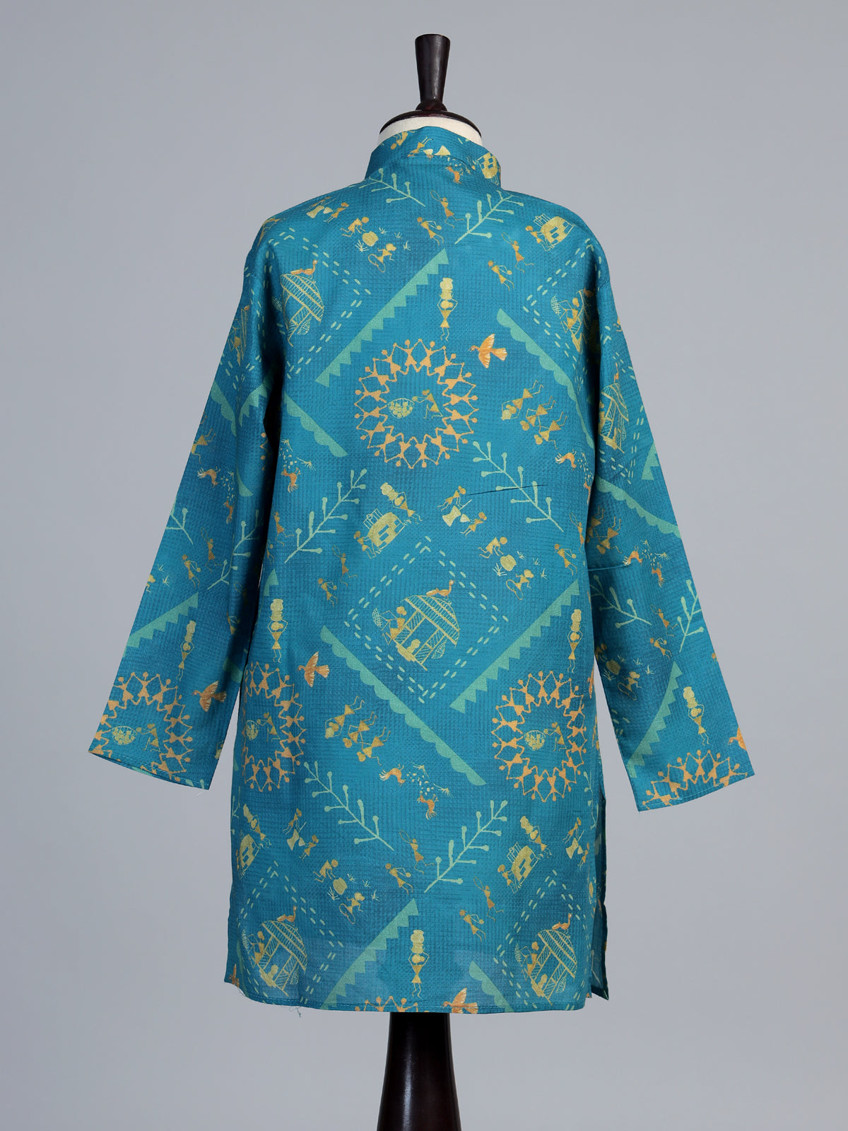 Blue warli print boys kurta suit