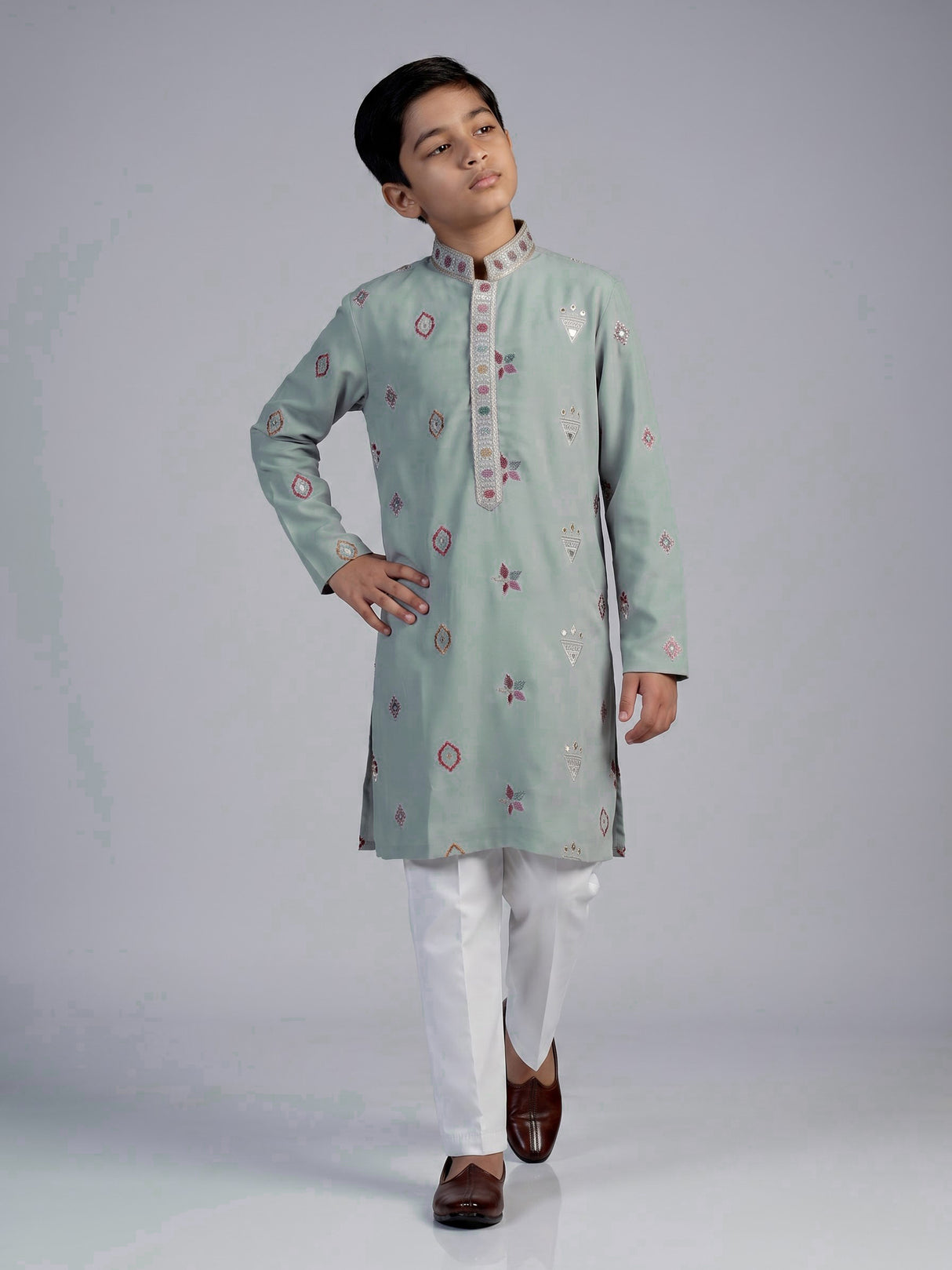 Grey floral silk blend star boys kurta suit