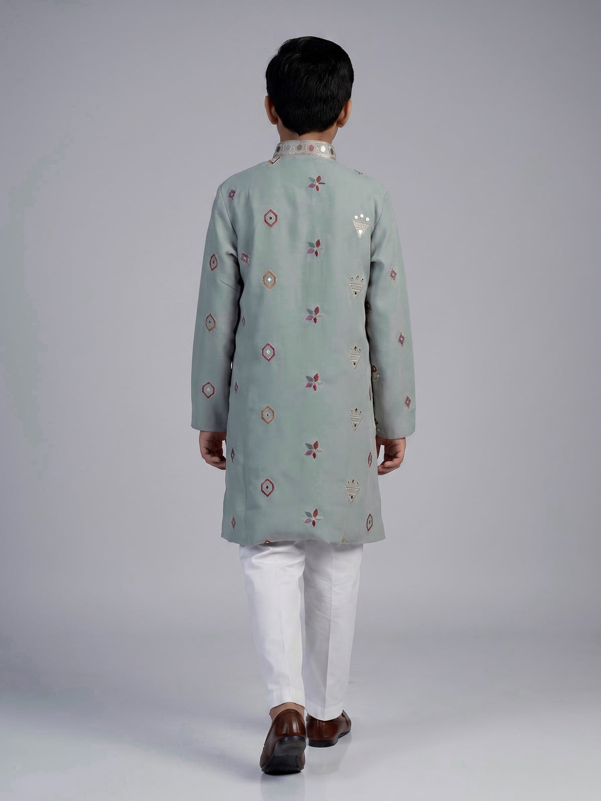 Grey floral silk blend star boys kurta suit