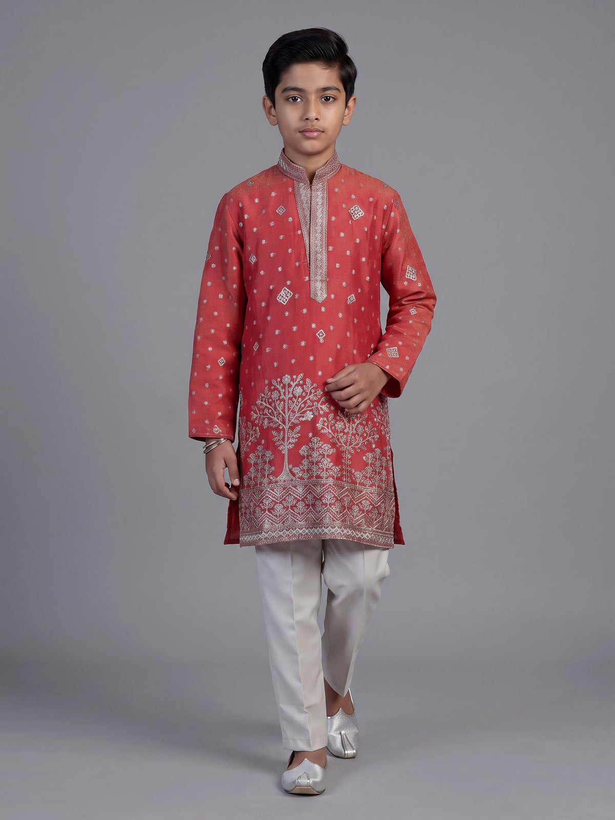 Pastel peach chanderi silk boys kurta suit