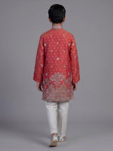 Pastel peach chanderi silk boys kurta suit