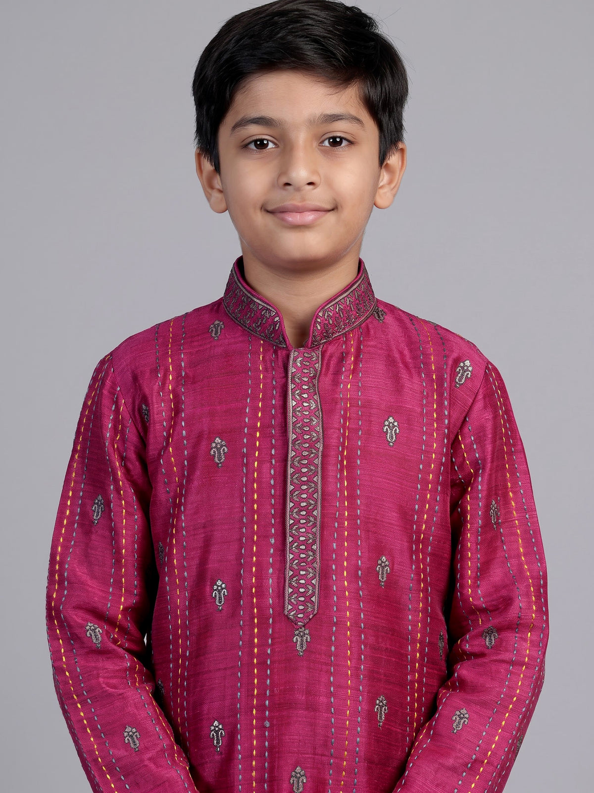 Magenta pink floral butti boys kurta suit