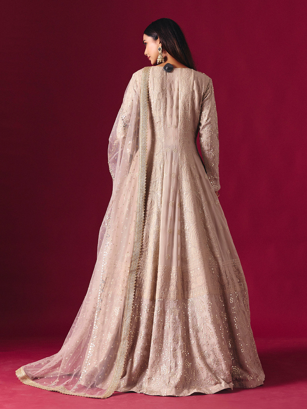 Elegant beige georgette salwar suit with embellished lehenga and dupatta