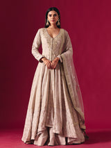 Elegant beige georgette salwar suit with embellished lehenga and dupatta