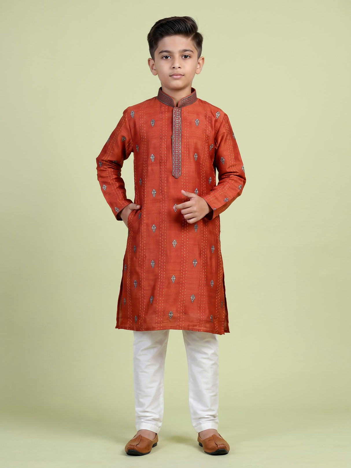 Rust orange embroidered boys kurta suit