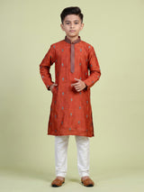 Rust orange embroidered boys kurta suit