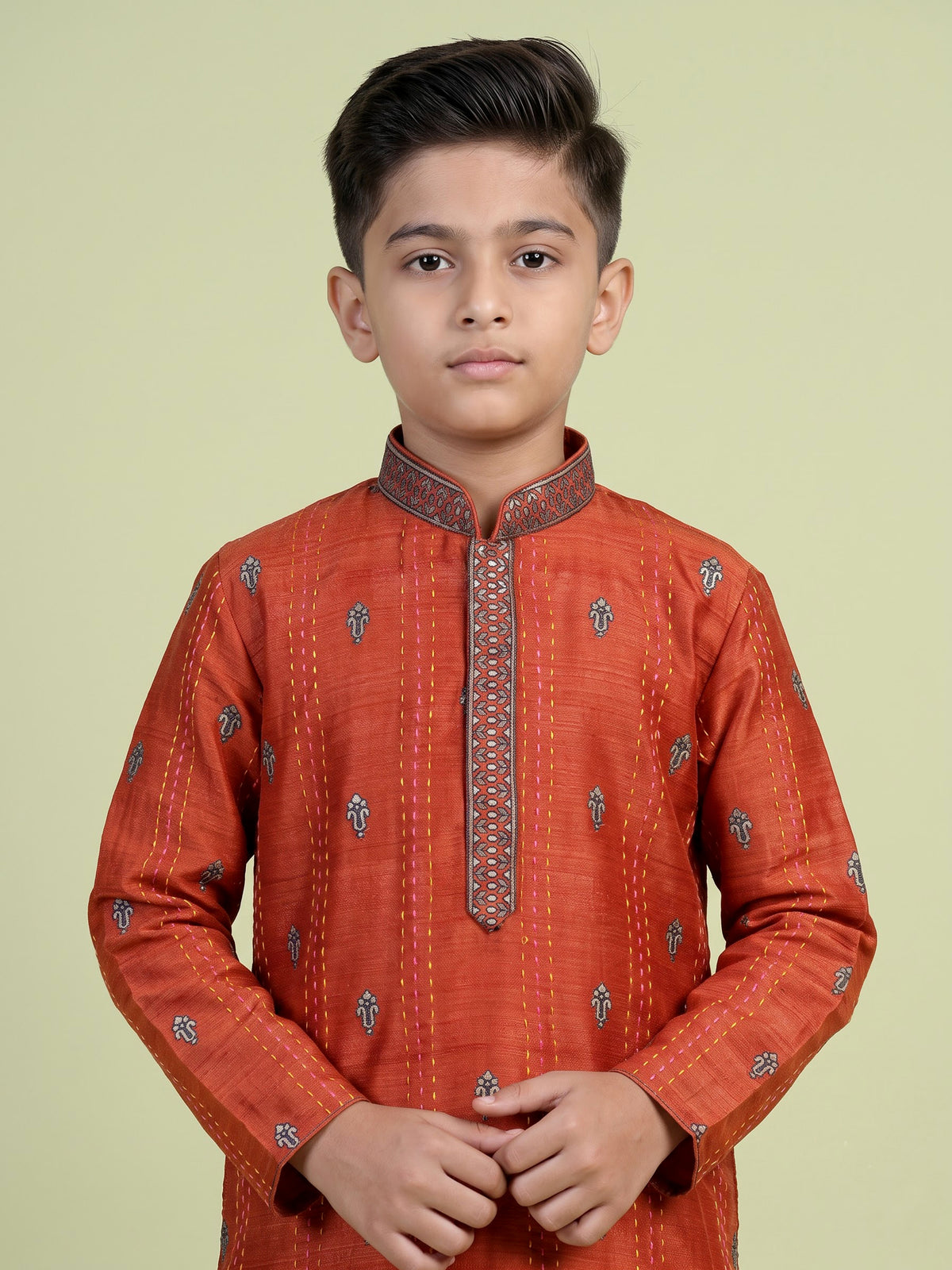 Rust orange embroidered boys kurta suit