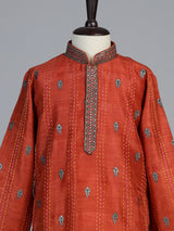 Rust orange embroidered boys kurta suit