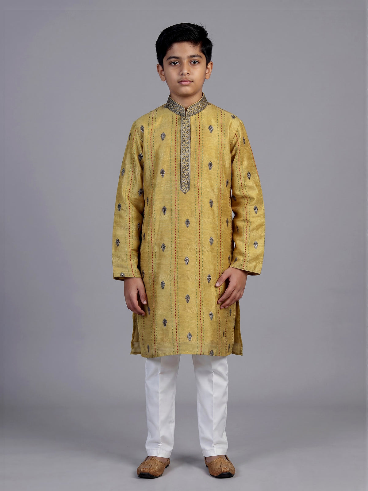 Mustard yellow floral butti boys kurta suit