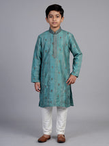 Teal green floral butti boys kurta suit