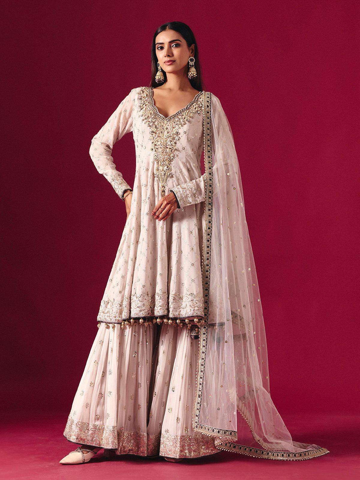 Off white georgette sharara suit with sequin embellishments