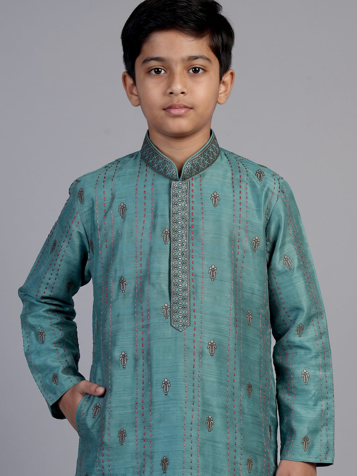 Teal green floral butti boys kurta suit