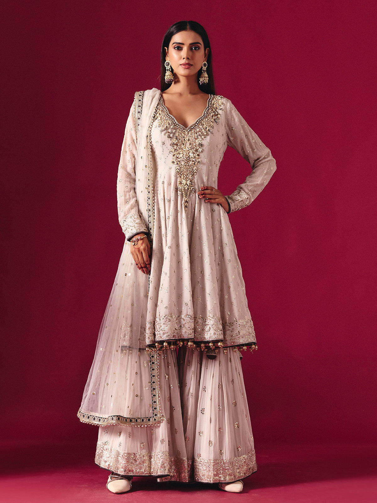 Off white georgette sharara suit with sequin embellishments