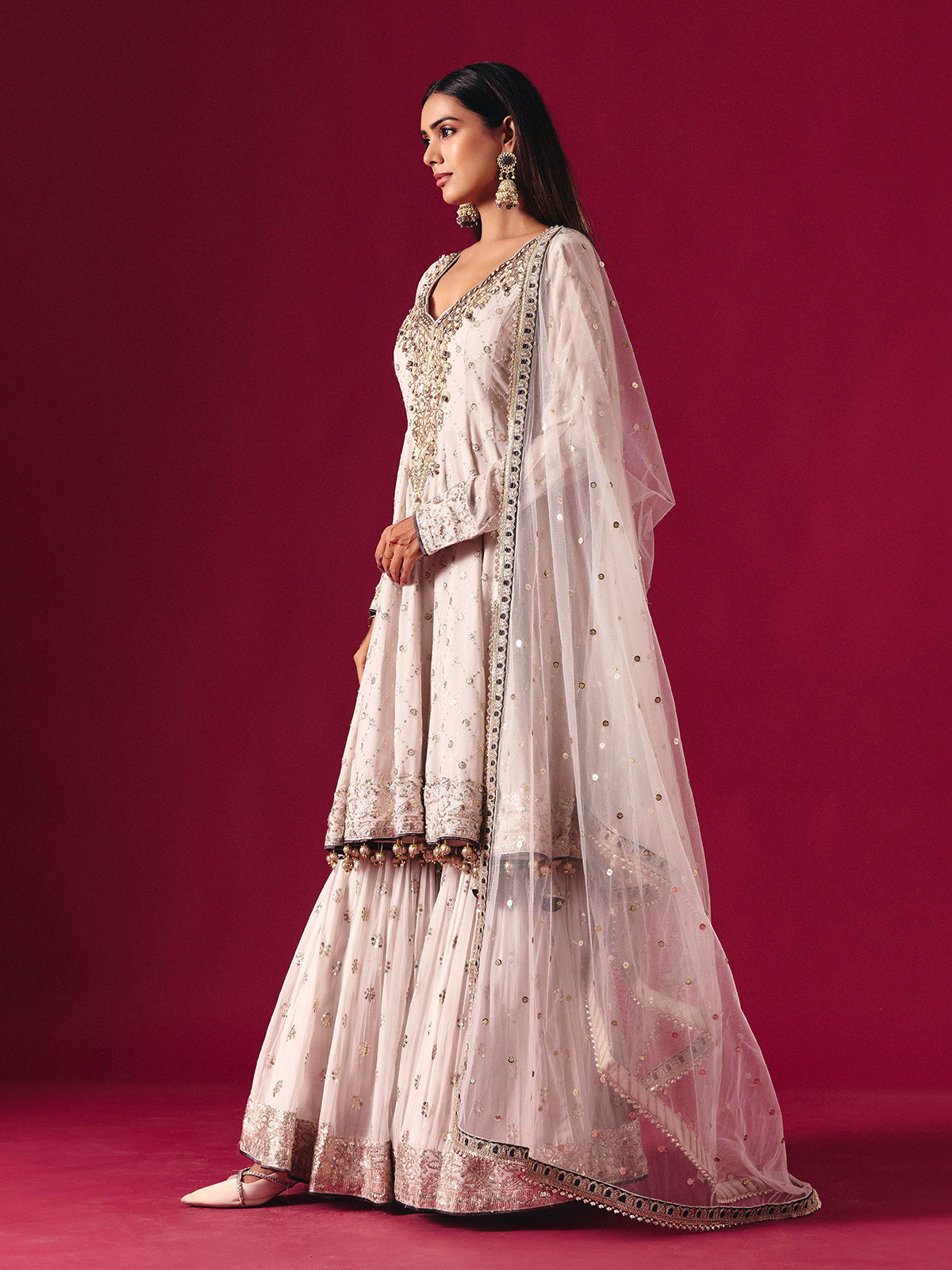 Off white georgette sharara suit with sequin embellishments