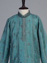 Teal green floral butti boys kurta suit