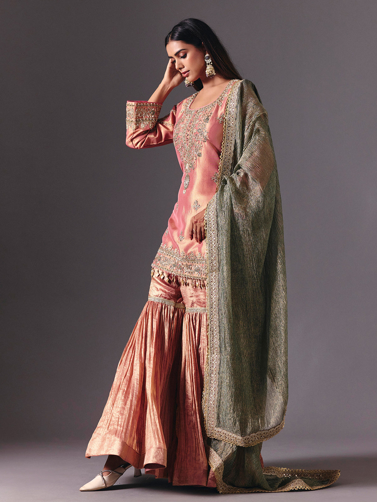 Peach silk sharara suit with zardosi detailing