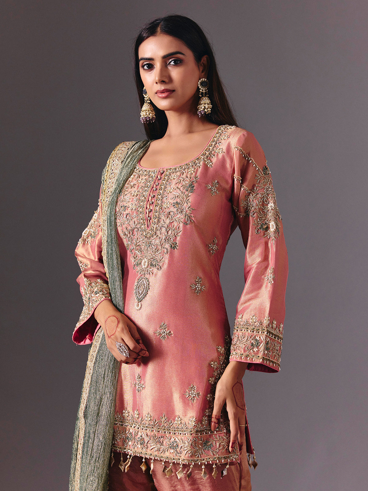 Peach silk sharara suit with zardosi detailing