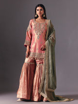 Peach silk sharara suit with zardosi detailing