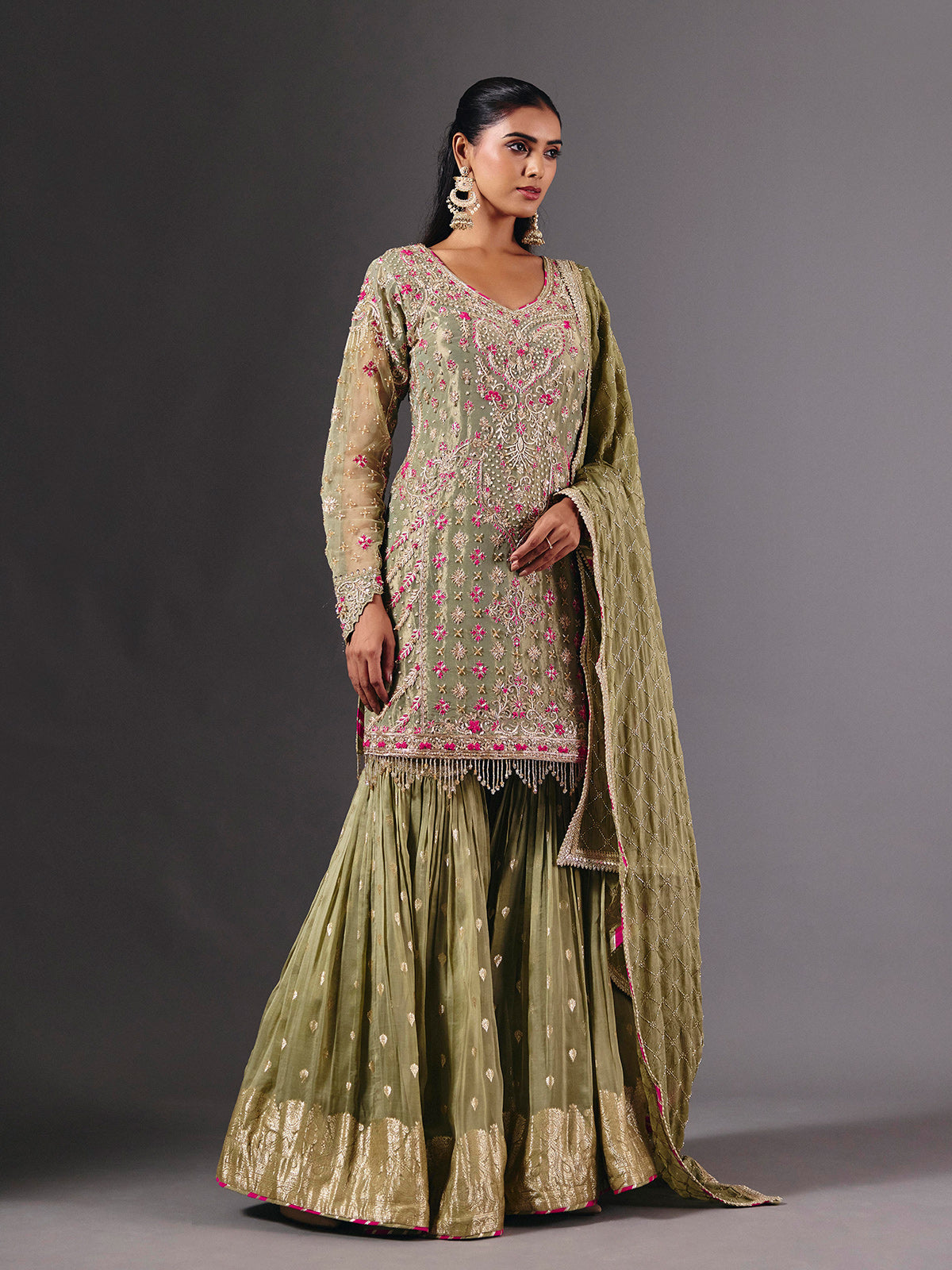 Green tissue silk sharara suit with zardosi and sequin embellishments