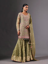 Green tissue silk sharara suit with zardosi and sequin embellishments