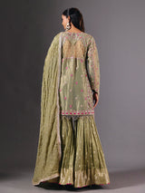 Green tissue silk sharara suit with zardosi and sequin embellishments