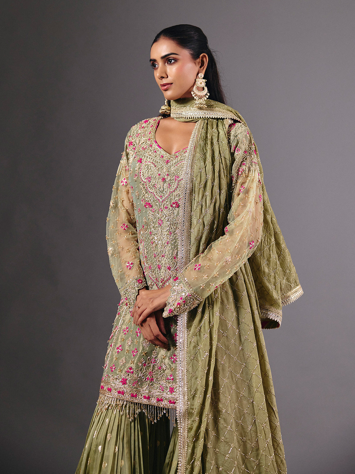 Green tissue silk sharara suit with zardosi and sequin embellishments