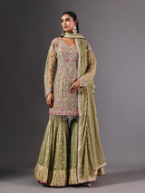Green tissue silk sharara suit with zardosi and sequin embellishments