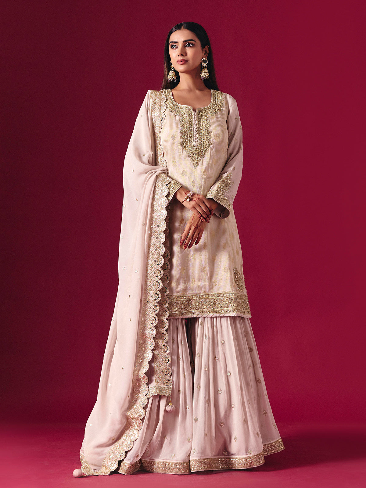 Light pink silk sharara suit with zari embellished elegance