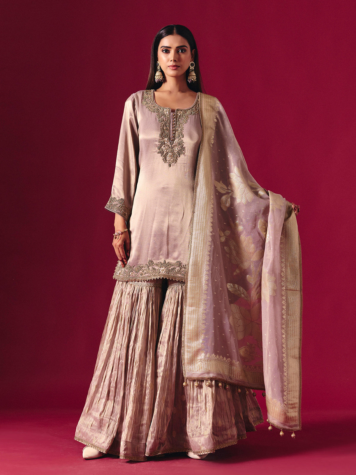 Lilac purple silk sharara suit with zardosi detailing