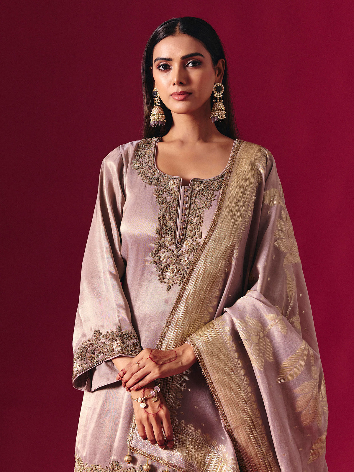 Lilac purple silk sharara suit with zardosi detailing