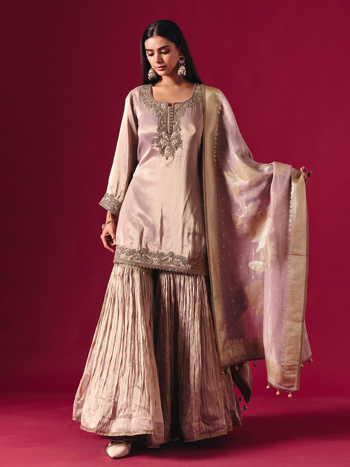 Lilac purple silk sharara suit with zardosi detailing