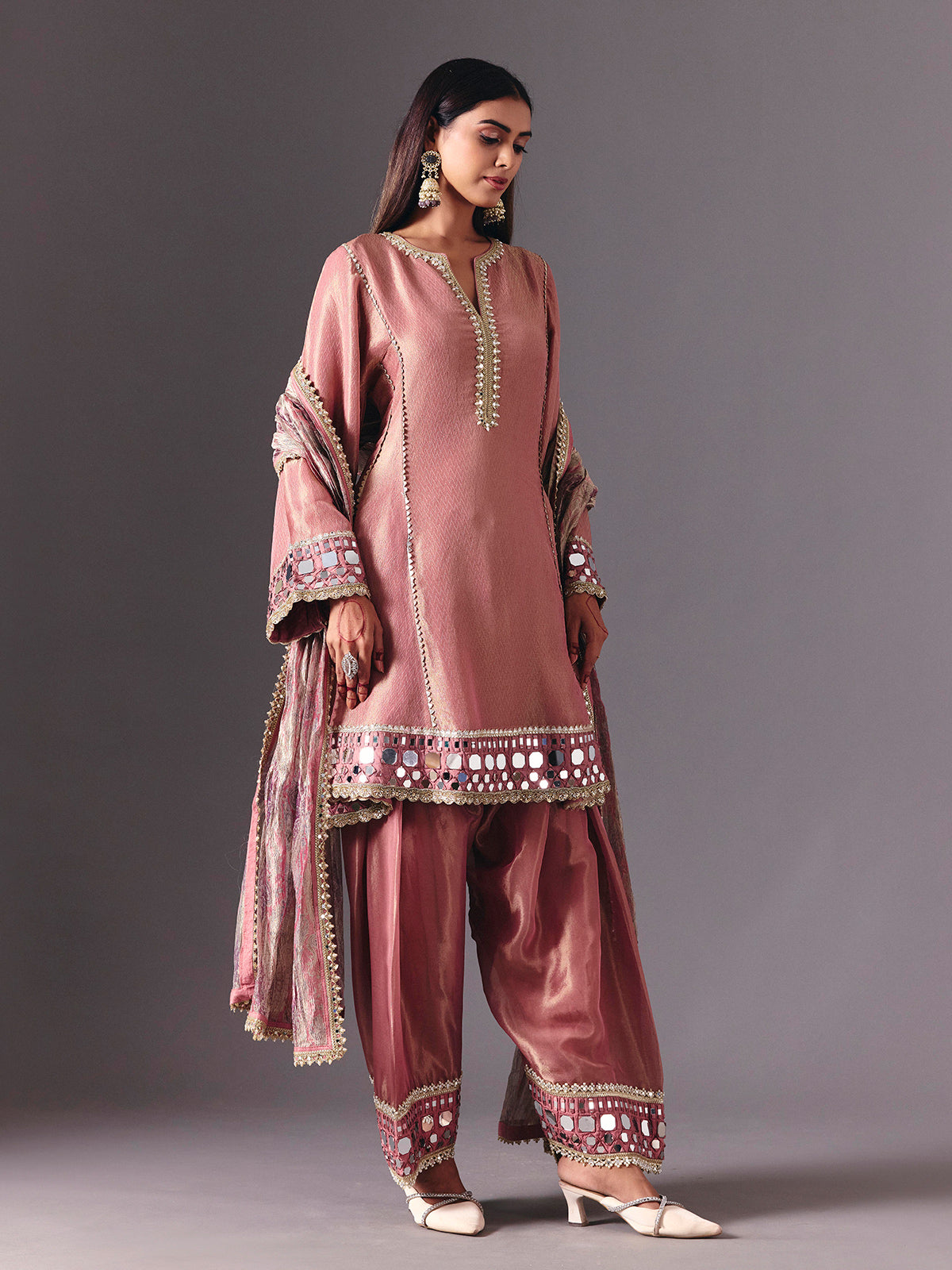 Onion pink silk salwar suit with resham artistry