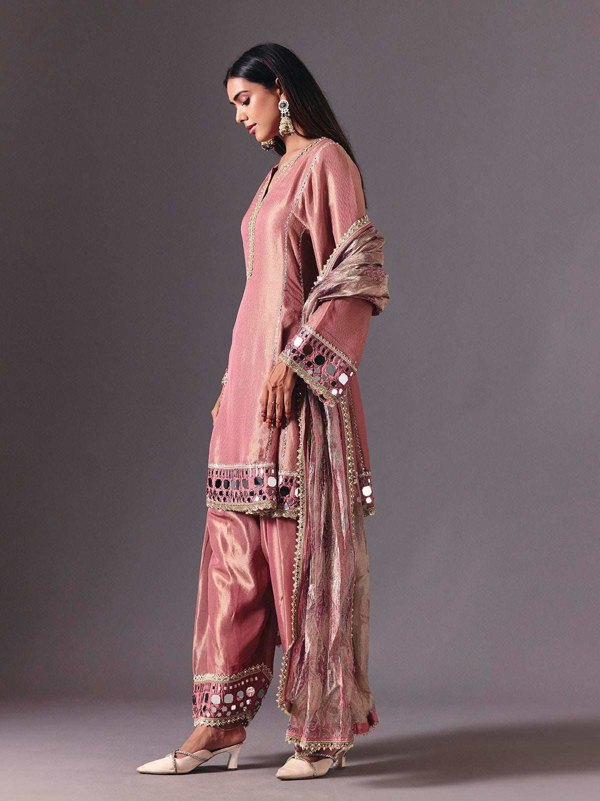 Onion pink silk salwar suit with resham artistry