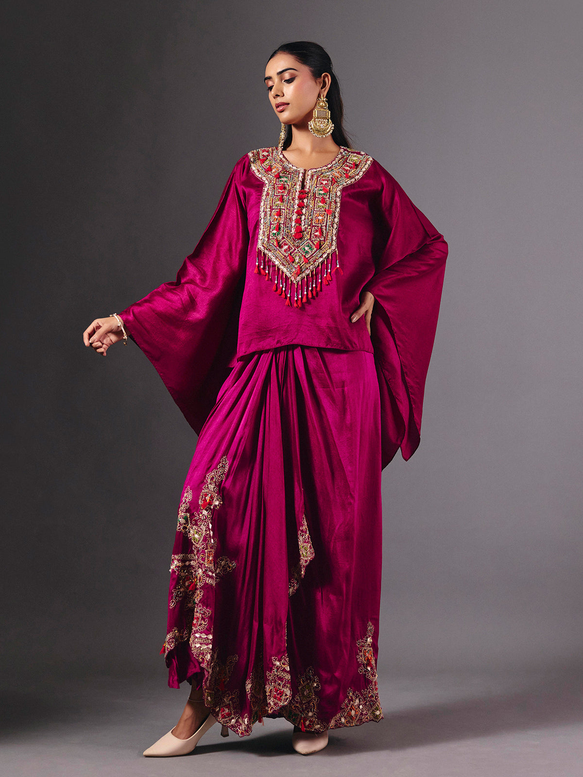 Wine crepe silk indowestern suit with luxurious embellishments
