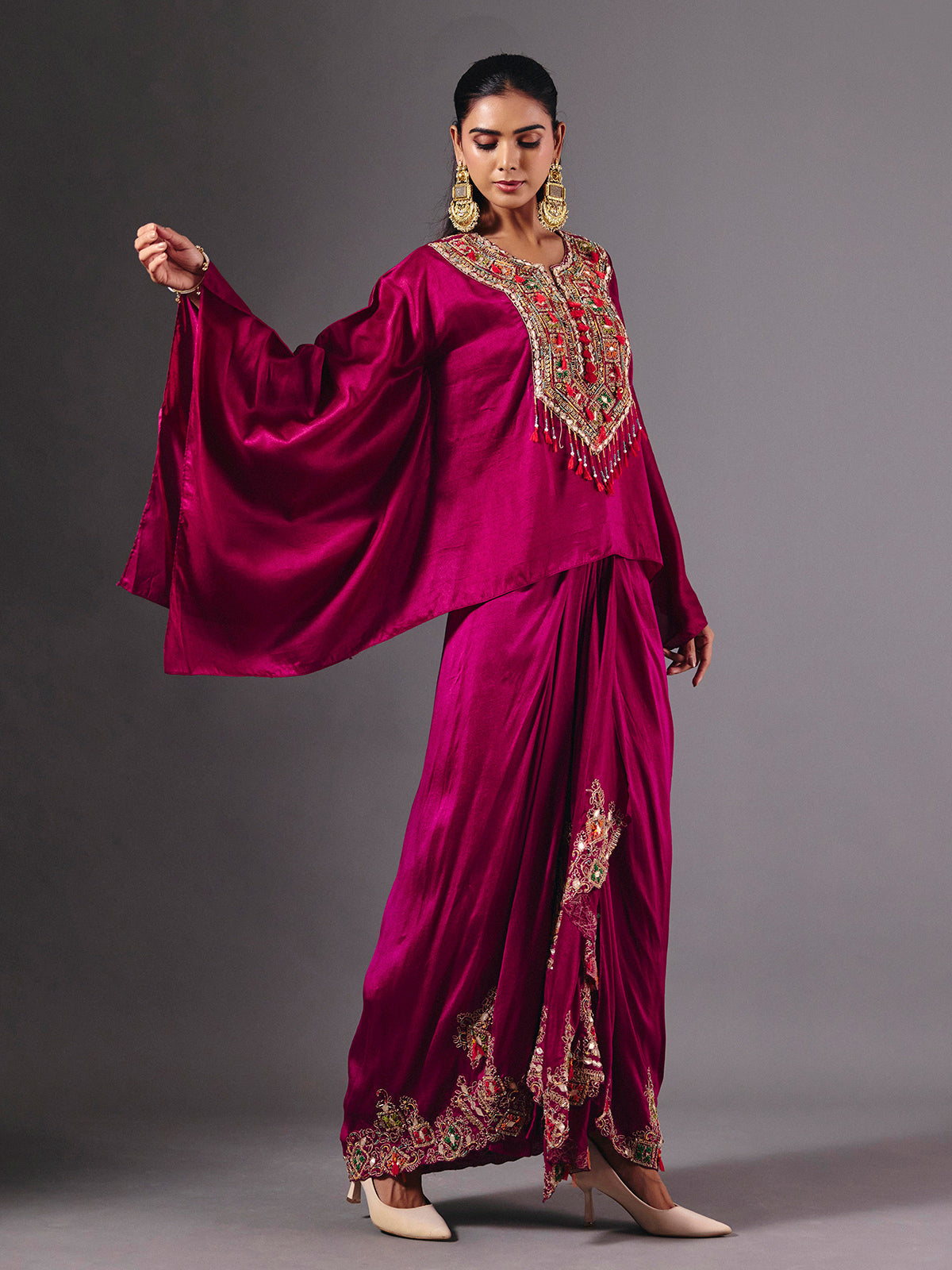 Wine crepe silk indowestern suit with luxurious embellishments