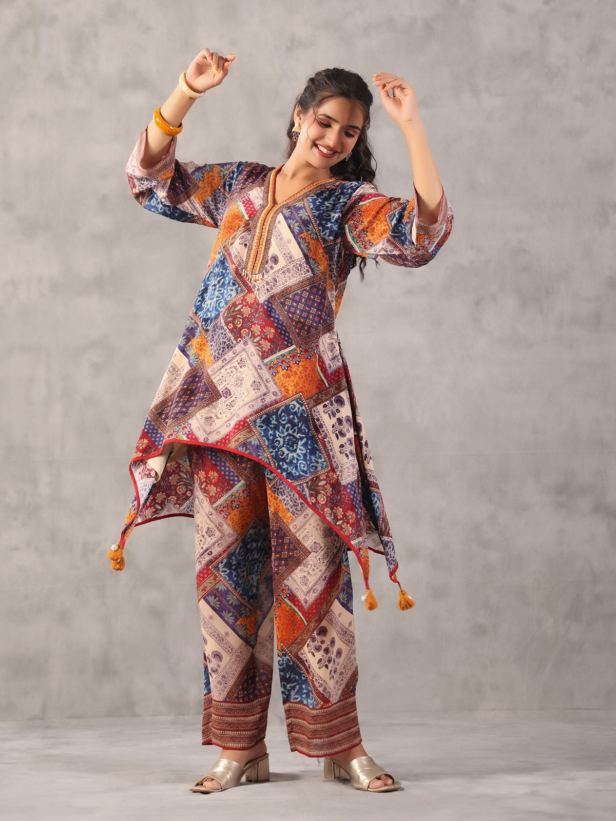 Multicolor printed embellished A line co ord set