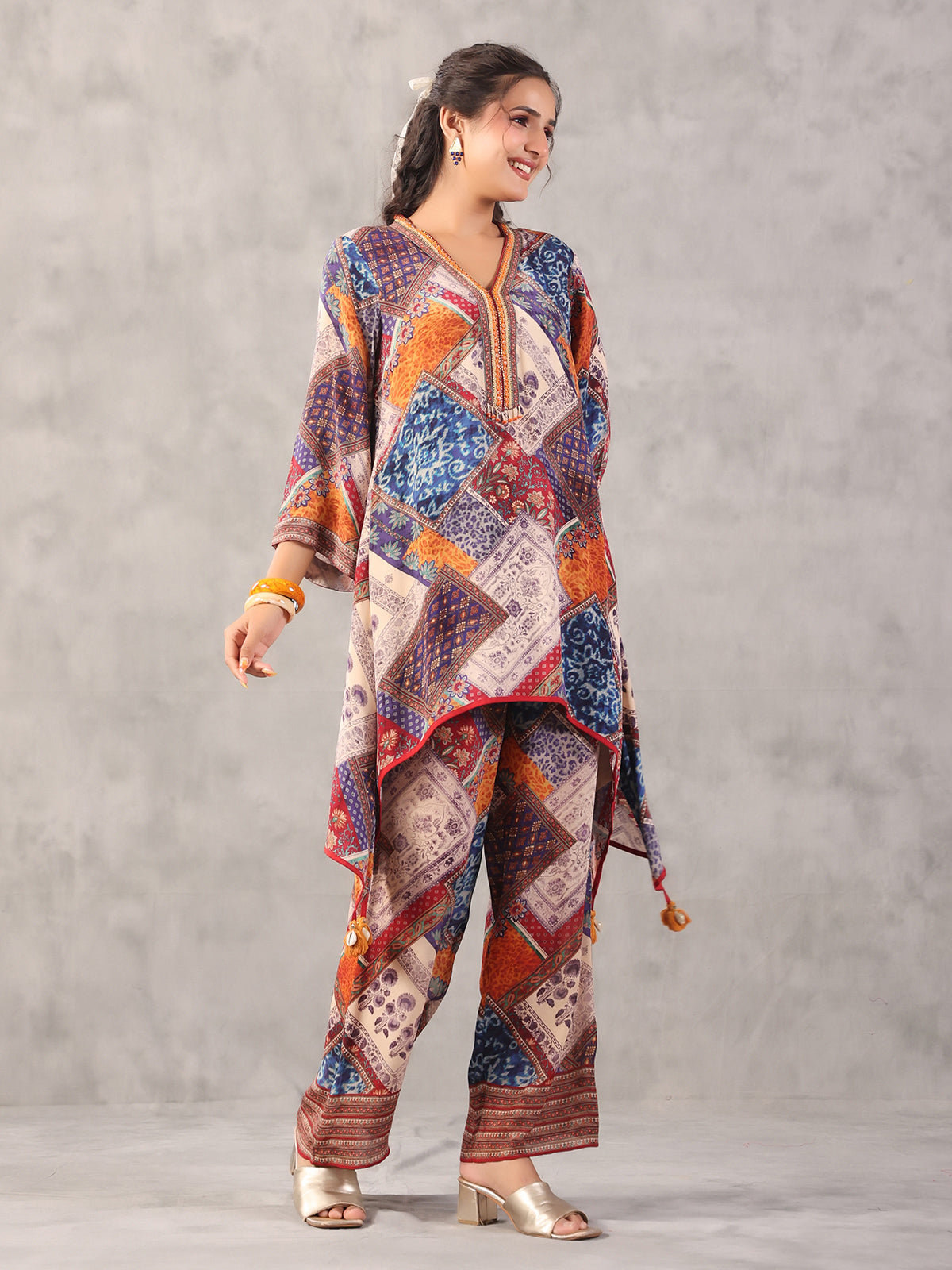Multicolor printed embellished A line co ord set