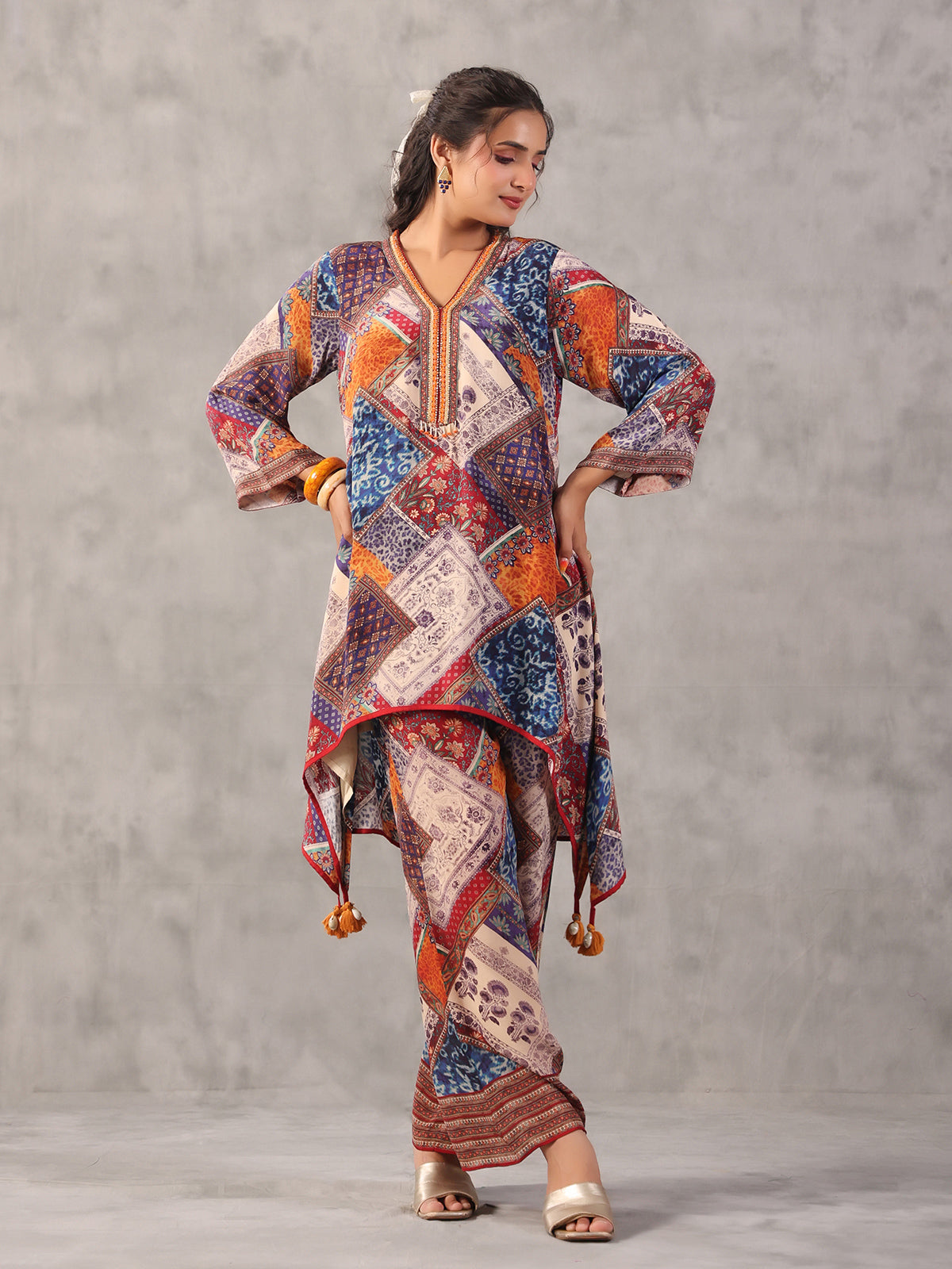 Multicolor printed embellished A line co ord set