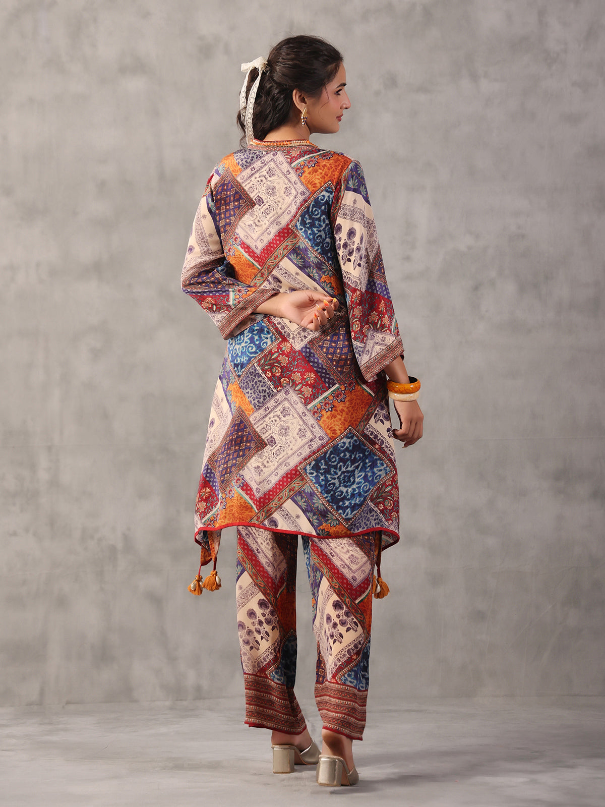 Multicolor printed embellished A line co ord set