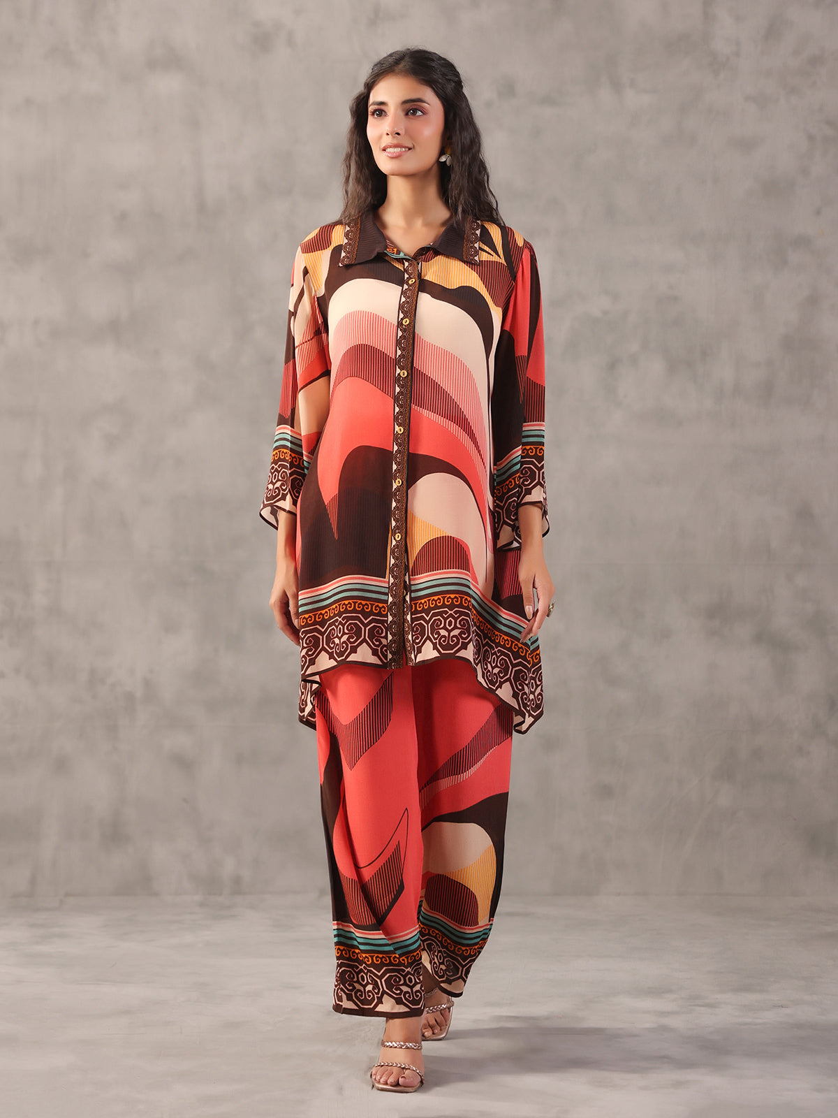 Quirky brown printed collar neck palazzo co ord set