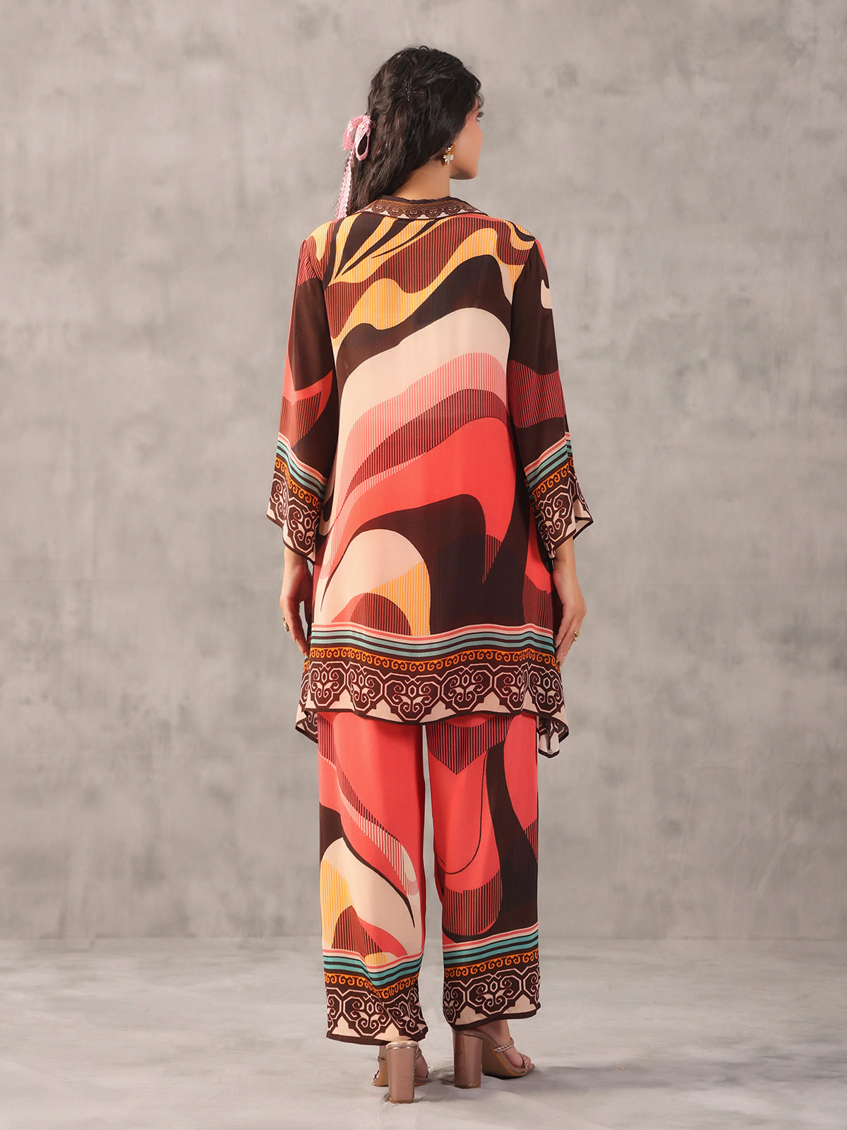 Quirky brown printed collar neck palazzo co ord set