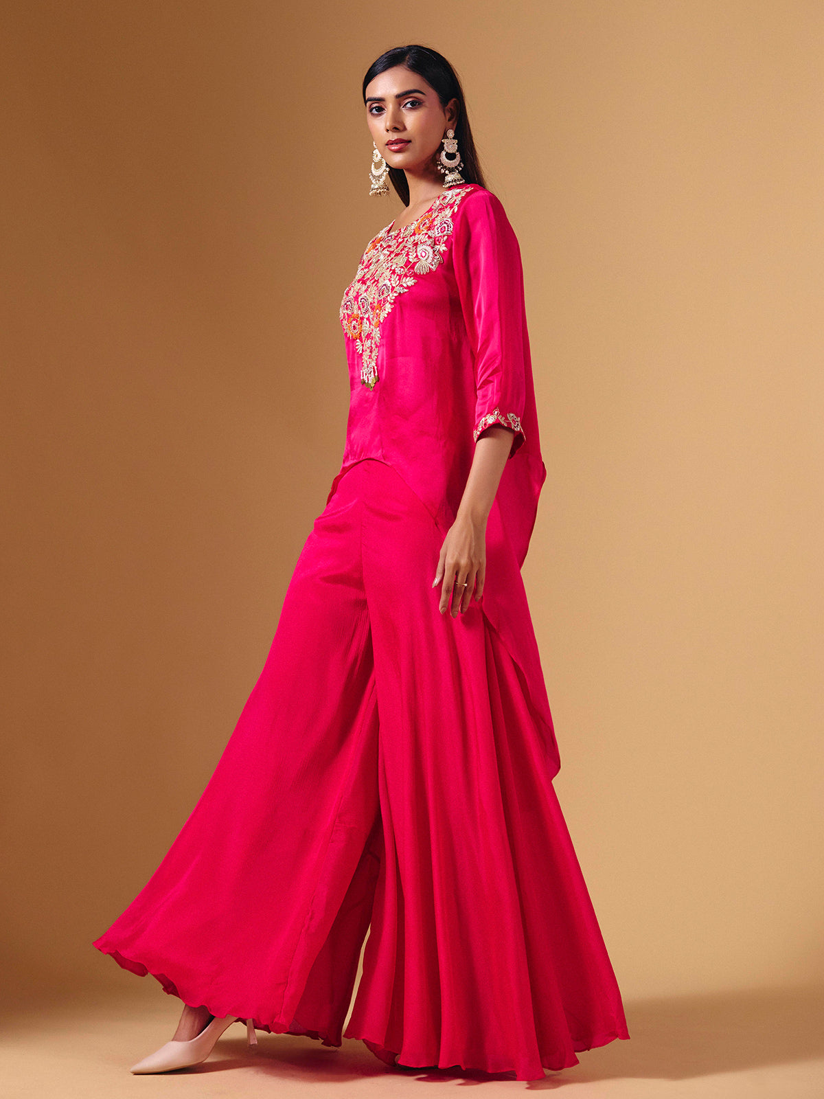 Elegant pink tissue silk palazzo suit with festive embellishments