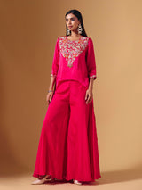 Elegant pink tissue silk palazzo suit with festive embellishments