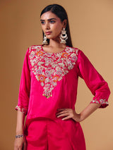 Elegant pink tissue silk palazzo suit with festive embellishments