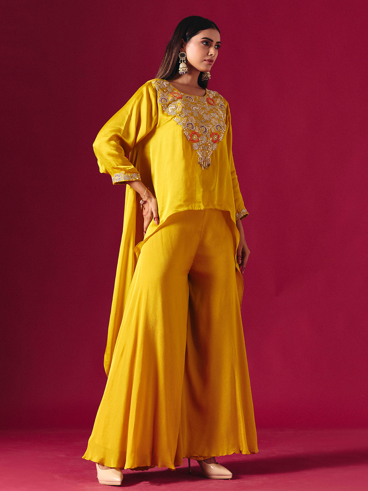 Vibrant yellow tissue silk palazzo suit with festive detailing