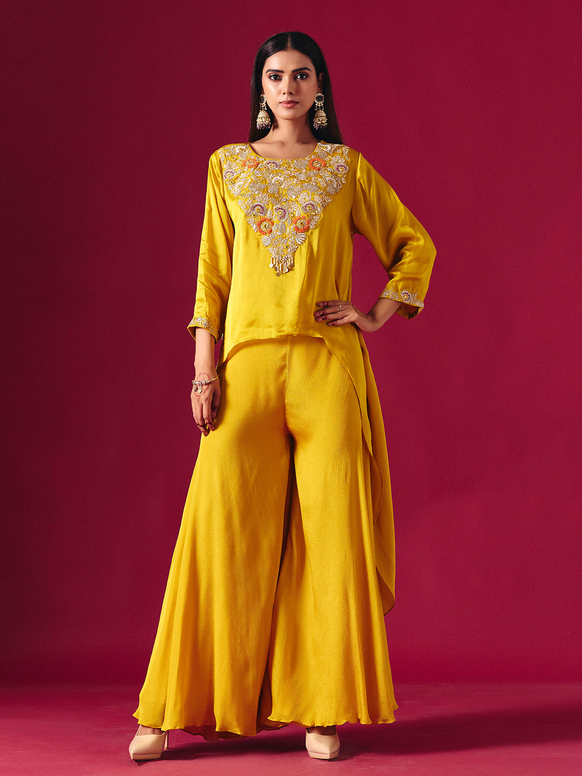 Vibrant yellow tissue silk palazzo suit with festive detailing